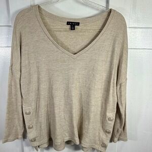 TRIBAL Beige Waffle Knit V Neck Button Side Long Sleeve Sweater Top Size 6/L